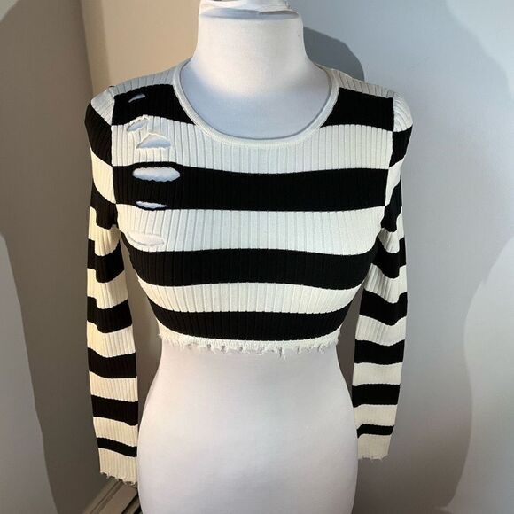 JLUXLABEL Distressed Cropped Ribbed Breton Striped Top, M. - Picture 1 of 10